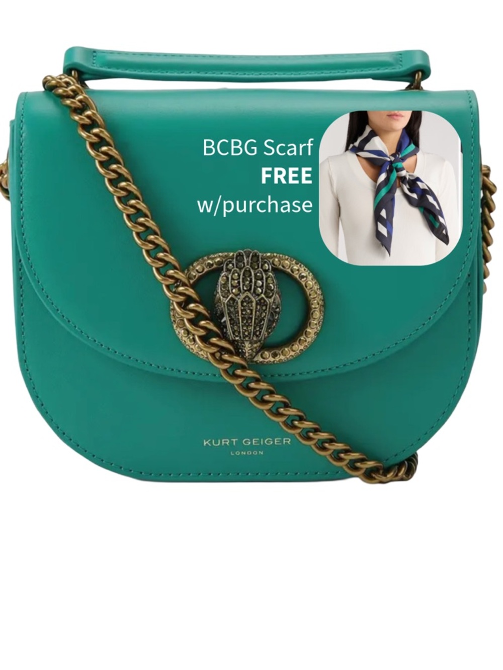 Kurt Geiger NWT “Chelsea” Teal Leather Crossbody, antiqued bejeweled eagle head